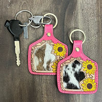 Porte-clés en cuir rose western motif tournesol, en cuir de vachette, fait main, gravé à la main, imprimé vache, cadeau pour femme
