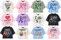 T-shirt court rose Global Stitch pour femme, col rond, manches courtes, coupe décontractée, imprimé, 100 % coton, pour la sensibilisation au cancer du sein