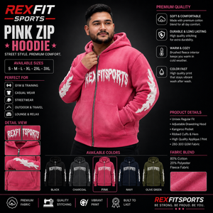 REXFITSPORTS 2026 Sweat à capuche rose pour homme avec fermeture éclair intégrale et motif, 280-300 GSM, en molleton de coton et polyester, style streetwear personnalisé - Product Image 1
