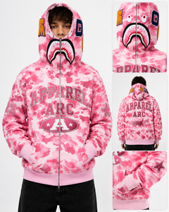 Sudadera con capucha de camuflaje rosa para hombre, con cremallera completa, estilo urbano personalizado, corte oversize, con parche bordado, diseño de cuello alto, tejido grueso - Product Image 1