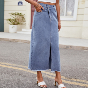 Falda Larga de Mezclilla Lavada con Efecto Nieve, Estilo Casual Elegante de Cintura Alta y Corte en A para Mujer, Ideal para Verano y Estilo Dulce y Elegante para Invierno - Product Image 4