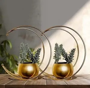 Pot de fleurs moderne en métal plaqué or avec support circulaire pour plantes d'intérieur, utilisation sur bureau, design minimaliste - Product Image 5