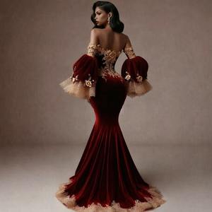 Robe de soirée moulante en velours rouge, col transparent, manches papillon à volants, épaules dénudées, demi-manches, robe de cérémonie, broderie artisanale - Product Image 2