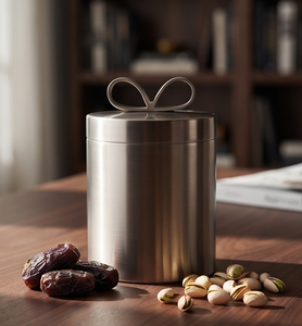 Wholesale Brushed Silver Finish Metal Date And Dry Fruit Storage <b>Box</b> Decorative Gift Container With Loop Bow - Product Image 3