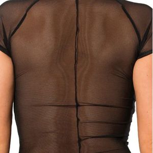 Women's Black Wet Look and Mesh Long Sleeve Top Stretch High Neck Slim Fit <b>Sheer</b> Panel Fashion Lightweight Apparel Shirt - Product Image 5