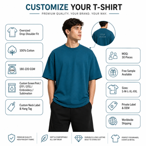 เสื้อยืดผู้ชายโอเวอร์ไซส์ผ้าฝ้ายเจอร์ซีย์สีพื้น แขนสั้น คอกลม ทรงลำลอง สีน้ำเงิน - Product Image 4