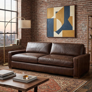 Sofá de Cuero Auténtico Marrón Oscuro de Lujo para 3 Personas, Diseño Moderno con Brazos Anchos para Muebles de Hogar Contemporáneos - Product Image 1