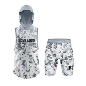 Custom Sublimated Camouflage Hooded Tank Top and <b>Compression</b> <b>Shorts</b> Set for Adults Unisex Quick Dry Athletic Wear - Product Image 1