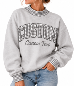Sweat-shirt personnalisé à col montant, imprimé à carreaux gingham, broderie de lettres universitaires, pull d'hiver pour femmes - Product Image 1