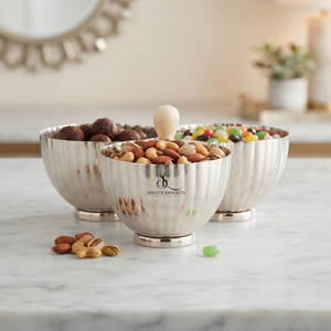 Bol à collation de luxe 3 pièces en métal cannelé argenté, plat de service pour noix et bonbons avec poignée centrale pour la décoration de table de mariage - Product Image 1