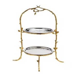 Soporte de Pastel de Dos Niveles de Metal con Diseño de Ramas, Platos Plateados Hechos a Mano, Marco Dorado - Product Image 1