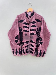 Premium Royal Mauve Pink Velvet <b>Jacket</b> Handcrafted Traditional Black Applique Work Comfortable Full Sleeve Winter Coat - Product Image 2