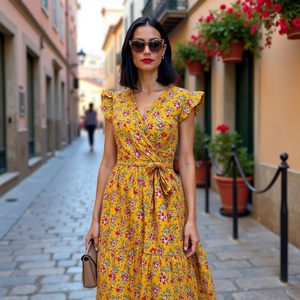 Vestido cruzado de manga de aleteo amarillo de algodón éticamente hecho a mano para damas con comodidad diaria atemporal en un diseño sostenible - Product Image 1