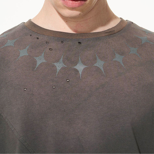 Custom Men Brown Acid Wash Cotton T-<b>Shirt</b> Distressed Ripped Vintage Tee Boxy Fit Neck <b>Star</b> Print Streetwear High Quality 220g - Product Image 5