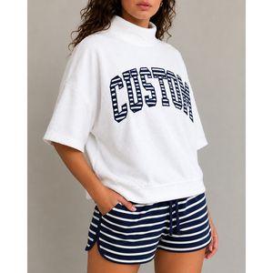 Custom <b>Women's</b> Terry <b>Short</b> Sleeve Turtleneck Sweatshirt with <b>Striped</b> <b>Shorts</b> Loungewear Set Spring Casual Wear Mock neck Sets - Product Image 3