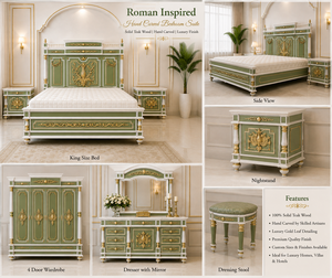 Roman Inspired Hand Carved Bedroom Suite Luxury Hand Carved Solid Teak Wood Bedroom Furniture <b>Set</b> with Sage Green & Gold Finish - Product Image 6