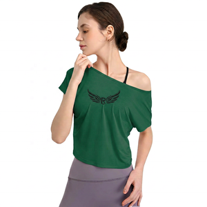 Women Plus Size Adults <b>Off</b>-<b>The</b>-<b>Shoulder</b> Yoga <b>Top</b> <b>Pink</b> Short Sleeve Loose Fit Breathable Solid with Wing Logo Front Print - Product Image 3