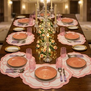 Luxury Scalloped Cotton <b>Placemats</b> with Pink Embroidered Border, Elegant <b>Dining</b> <b>Table</b> Setting Decor, Wedding & Housewarming Gift - Product Image 2