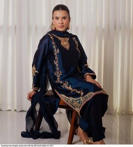 Women Navy Blue Silk Salwar Kameez With Gold Embroidery Ankle-Length Party Wear Elegant <b>Loose</b> Fit India Pakistan Ethnic Clothing - Product Image 3