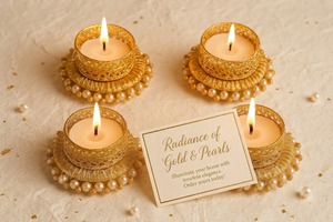 Support de bougie chauffe-plat en métal doré artisanal indien pour le festival Diwali, avec base et bordure en perles – Écologique, pour Noël et anniversaires - Product Image 3
