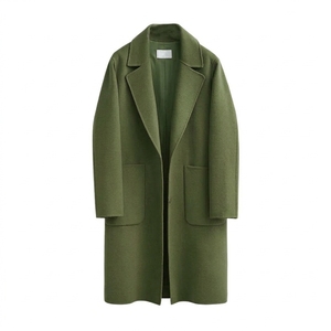 Olive Green <b>Wool</b> Eco-Friendly Parka Long Notched Lapel Patch Pockets Double Breasted Minimalist <b>Winter</b> Women's Outerwear - Product Image 1