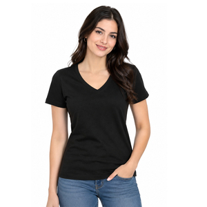 T-shirt col en V pour femme, tissu premium, haut décontracté d'été, doux et confortable, manches courtes, personnalisation de marque, vêtements en gros - Product Image 3