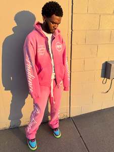 <b>Pink</b> Hooded Zip-Up Sweatshirt Custom Screen Print Fleece Cotton Box Thick Heavy 360gsm <b>Mens</b> Boxy Fit Zip up <b>Hoodies</b> - Product Image 2