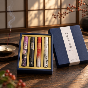 Kosai-do Shiki No Kyo Senko, Set de Regalo de Incienso Japonés, 4 Aromas Surtidos, Bajo Humo, Estilo Kyoto, Premium, Pomelo y Madera Blanca - Product Image 1
