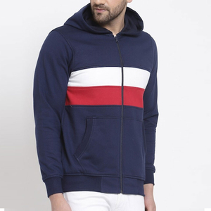 Men's Navy Blue Hooded <b>Zip</b>-<b>Up</b> Sweatshirt With <b>White</b> And Red Color Blocking Regular Fit Casual French Terry 100% Cotton - Product Image 1