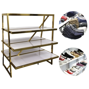 Étagère de présentation industrielle double face à 4 niveaux en acier inoxydable doré robuste pour magasin de détail, supermarché - Product Image 1