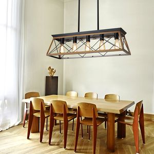 32" Modern Walnut <b>Industrial</b> 5-Light Pendant <b>Chandelier</b> Adjustable Metal Cage Design Dining Room Living Room Hanging Light Model - Product Image 2