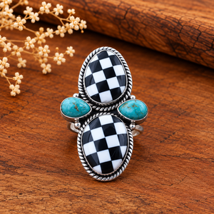 Anillo de Piedra a Cuadros Turquesa Negra, Estilo Ajedrez Occidental, Hecho a Mano, Anillo de Diseño Bohemio, Joyería del Suroeste, Regalo para Mujer - Product Image 5