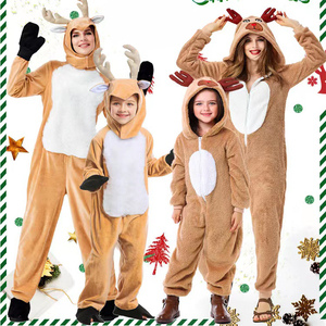 Combinaison polaire à capuche marron pour femme, motif renne, coupe droite, tenue décontractée d'hiver, une pièce - Product Image 6