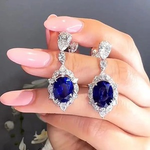 925 Moissanite Luxurious Halo Oval Cut Blue Sapphire Women's <b>Earrings</b> In Sterling Silver 18K White Gold Plated <b>Fine</b> <b>Earrings</b> - Product Image 3