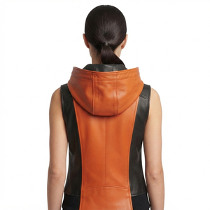 Chaleco de cuero con capucha para mujer, chaleco de cuero sin mangas con cremallera para mujer, chaleco de cuero sin mangas para niña, diseño personalizado - Product Image 2