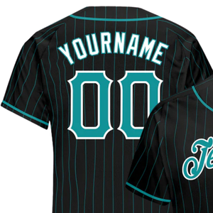 Men Black Aqua Pinstripe Teal White Baseball Jersey Button Front Team Shirt Performance <b>Athletic</b> Practice Game Uniform Wear - Product Image 3