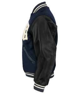 Men's Navy Blue Varsity Jacket White Embroidered Letter D Breathable Crew Neck Wool Lining <b>Covered</b> <b>Button</b> Closure STREETWEAR - Product Image 3