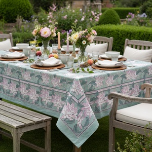 Japan Lotus Green 10 Seater <b>Tablecloth</b> 180x270cm Handcrafted Block Printed 100% Cotton Wedding Dining Home Decor Style - Product Image 2