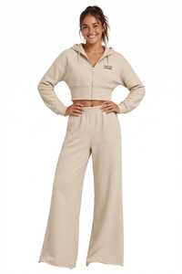 <b>Womens</b> Beige Cropped Zip Hoodie And Wide Leg <b>Sweatpants</b> 2 Piece Tracksuit Set Casual Loose Fit - Product Image 4