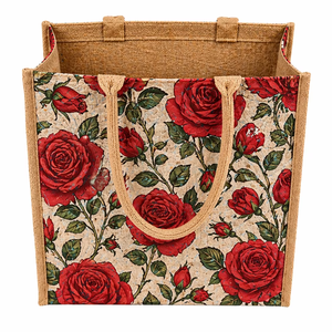 Red <b>Rose</b> Printed Jute Shopping Tote Bag Eco Friendly Reusable Wedding Gift Open <b>Top</b> Laminated Large Capacity Carry - Product Image 1