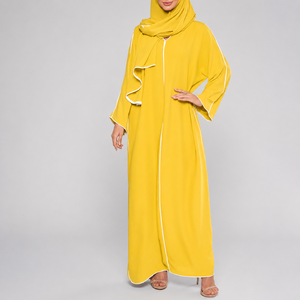 Customized Casual Wear Abaya Set For Women Open Front Ankle Length <b>Full</b> Covered Sleeve White piping V neck With Matching <b>Hijab</b> - Product Image 1