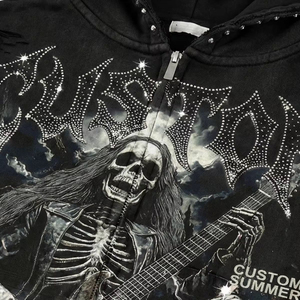 SHH INDUSTRIES Custom Graphic Hoodie Men Rhinestone Skull Print Full Zip Black Streetwear Oversized Hooded Sweatshirt Wholesale - Product Image 6