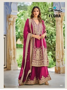 Conjunto de Top Flora, Pantalones Palazzo y Dupatta con Bordado y Trabajo de Secuencia Codificada, Diseño SahjSuit, Fabricante Mayorista de India para Exportación - Product Image 1