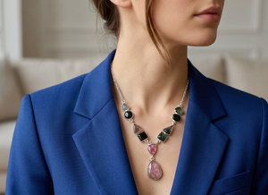 Collar con Colgante Romántico de Plata de Ley con Turmalina Rosa y Verde, Estilo Vintage y Elegante - Product Image 1