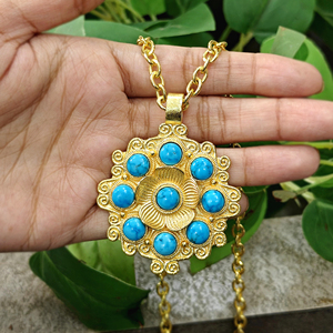 Bohemian jewelry multi blue turquoise gemstone floral design pendant solid brass 18k gold plated oval link chain women <b>necklace</b> - Product Image 2