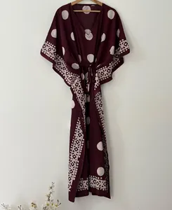 Premium Purple Block Print Cotton Kaftan <b>Dress</b> <b>Boho</b> Floral Caftan with V Neck Short Sleeves and Tie Waist <b>Summer</b> <b>Dress</b> - Product Image 3