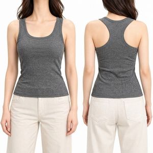 Camiseta sin mangas personalizada gris para mujer, cuello redondo, algodón, ajustada, básica, informal, para verano, uso diario - Product Image 5