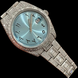 Reloj de Diseño Único en Color Azul Cielo con Esfera de Números Arábigos, Completamente Adornado con Diamantes Moissanite Baguette y Redondos, Movimiento de Cuarzo - Product Image 1