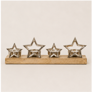 Elegant Handmade Aluminum Star <b>Candle</b> Holder On Rustic Mango Wood Base Modern 4-<b>Flame</b> Advent Tealight Stand For Christmas Decor - Product Image 1