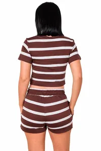 Ensemble short et haut court EVERGLOW pour femme en polyester uni, col rond, manches courtes, tenue décontractée d'été, poches, respirant, tricoté - Product Image 3